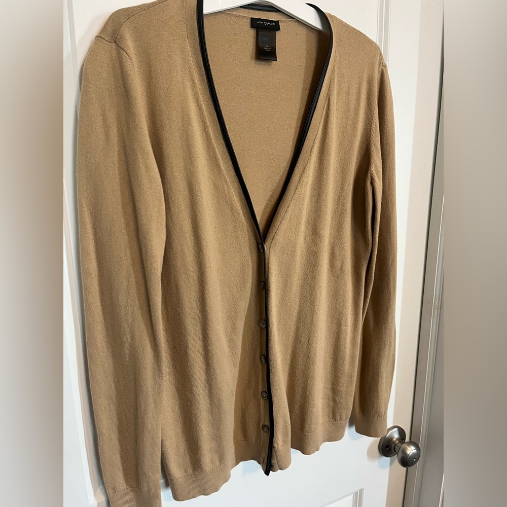 Ann Taylor Tan Cardigan With Pleather Trim Size Medium